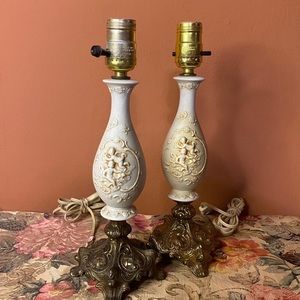 Pair of vintage brass & porcelain cherub lamps